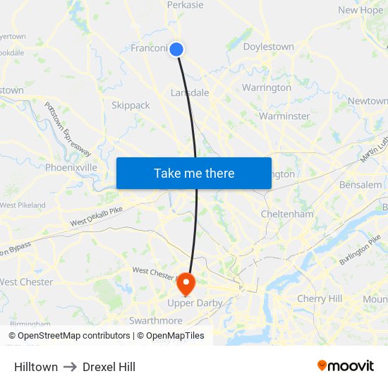 Hilltown to Drexel Hill map