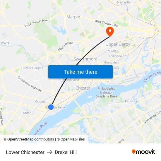 Lower Chichester to Drexel Hill map