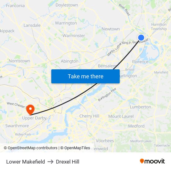 Lower Makefield to Drexel Hill map