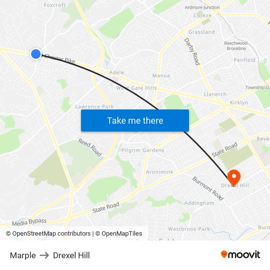 Marple to Drexel Hill map