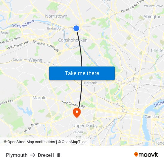Plymouth to Drexel Hill map