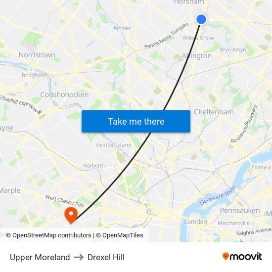 Upper Moreland to Drexel Hill map