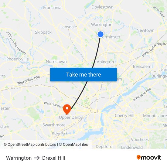 Warrington to Drexel Hill map