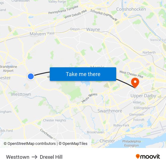 Westtown to Drexel Hill map