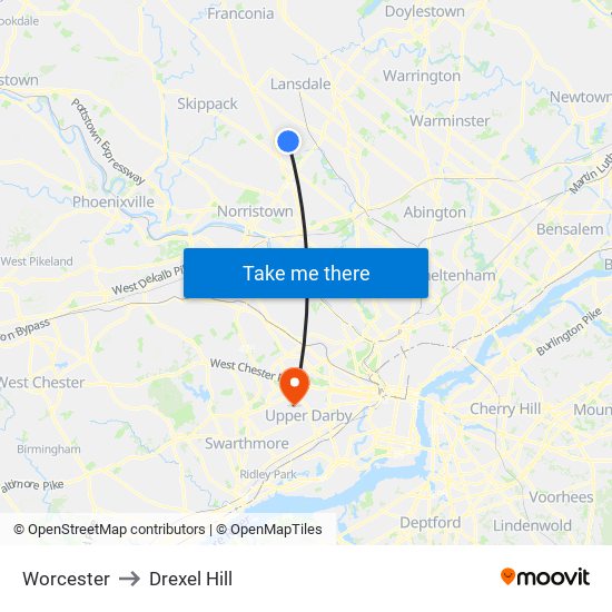 Worcester to Drexel Hill map