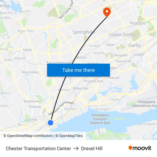 Chester Transportation Center to Drexel Hill map