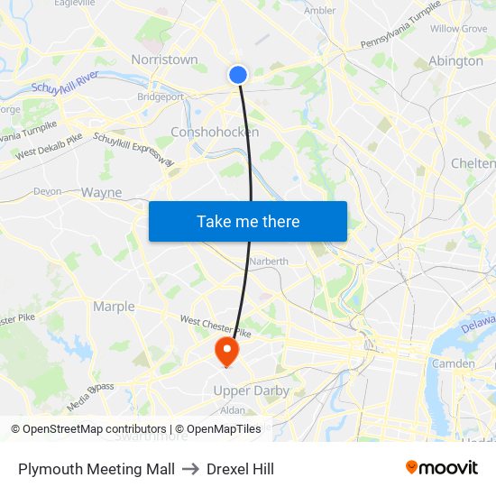 Plymouth Meeting Mall to Drexel Hill map