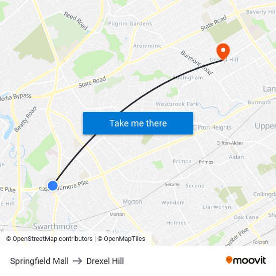 Springfield Mall to Drexel Hill map