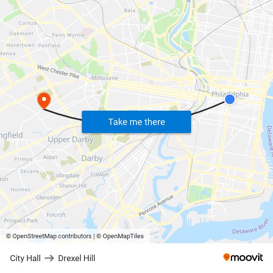 City Hall to Drexel Hill map