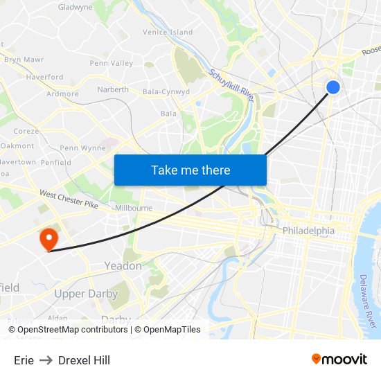 Erie to Drexel Hill map