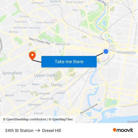 34th St Station to Drexel Hill map