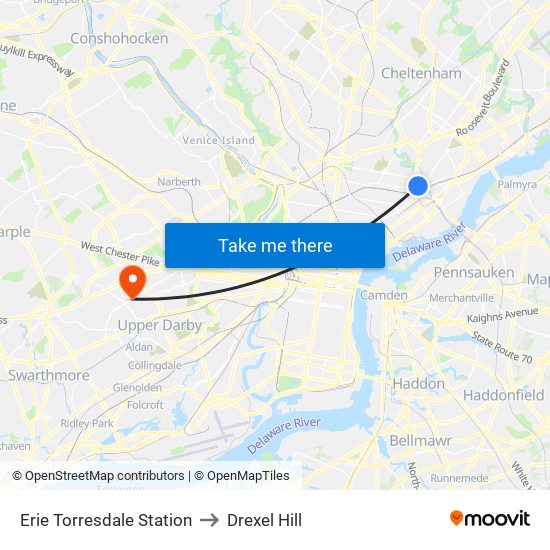 Erie Torresdale Station to Drexel Hill map