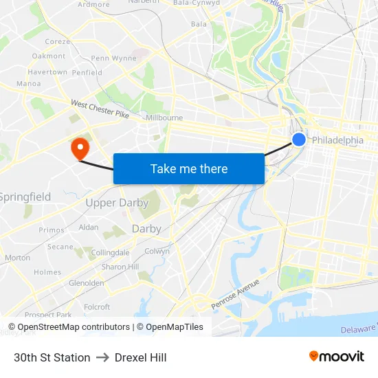 30th St Station to Drexel Hill map