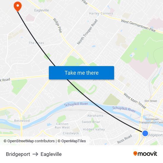 Bridgeport to Eagleville map