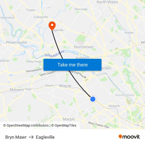 Bryn Mawr to Eagleville map