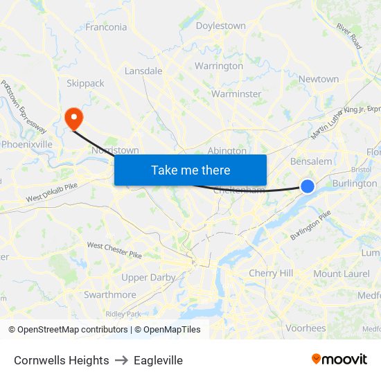 Cornwells Heights to Eagleville map