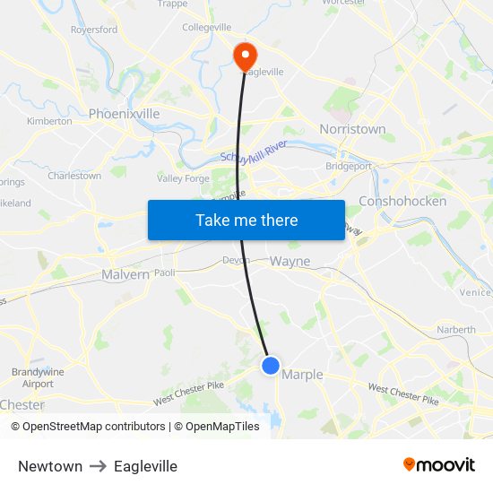 Newtown to Eagleville map