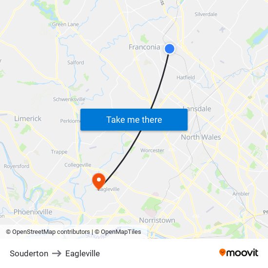 Souderton to Eagleville map