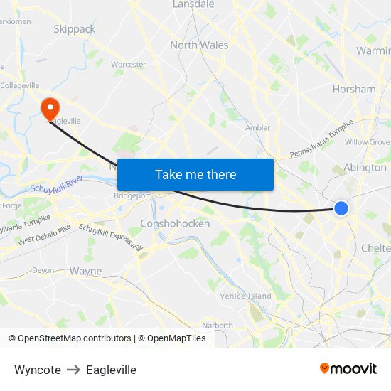 Wyncote to Eagleville map