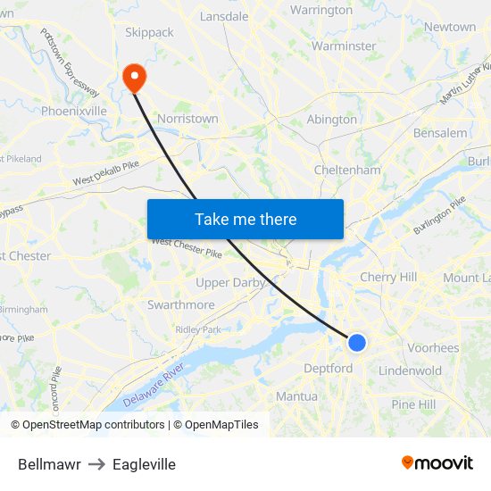 Bellmawr to Eagleville map