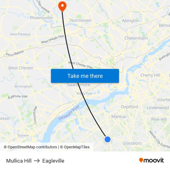 Mullica Hill to Eagleville map