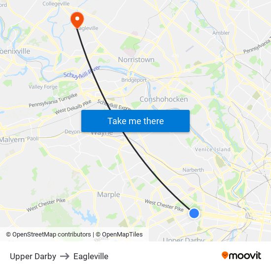 Upper Darby to Eagleville map