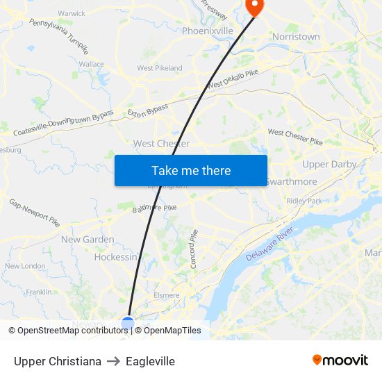 Upper Christiana to Eagleville map