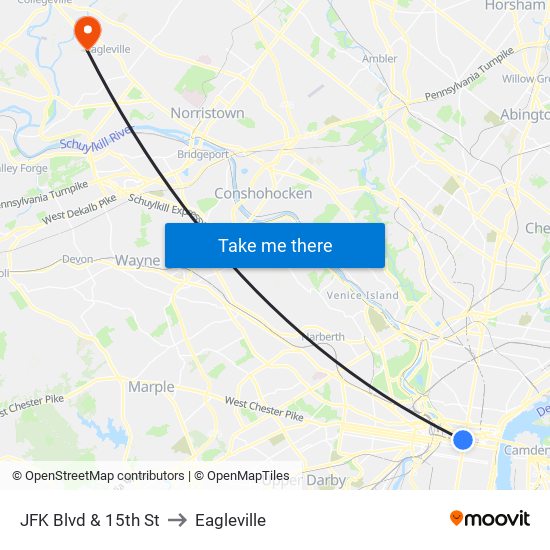 JFK Blvd & 15th St to Eagleville map