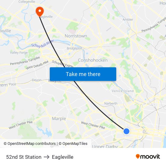 52nd St Station to Eagleville map