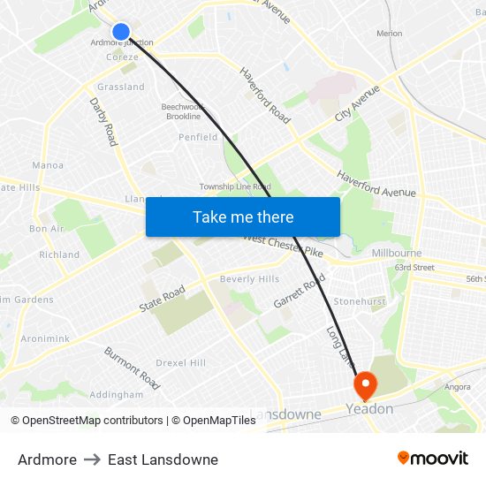Ardmore to East Lansdowne map