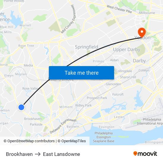 Brookhaven to East Lansdowne map