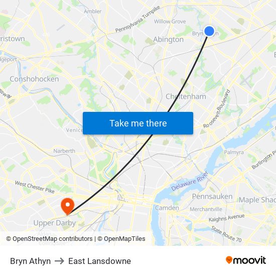 Bryn Athyn to East Lansdowne map