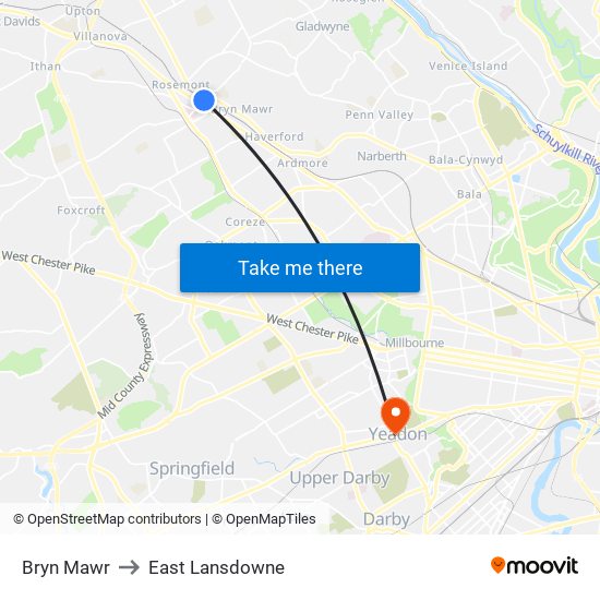 Bryn Mawr to East Lansdowne map