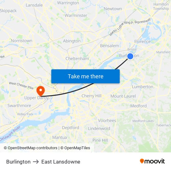 Burlington to East Lansdowne map
