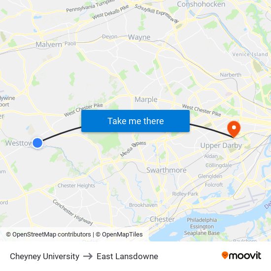 Cheyney University to East Lansdowne map