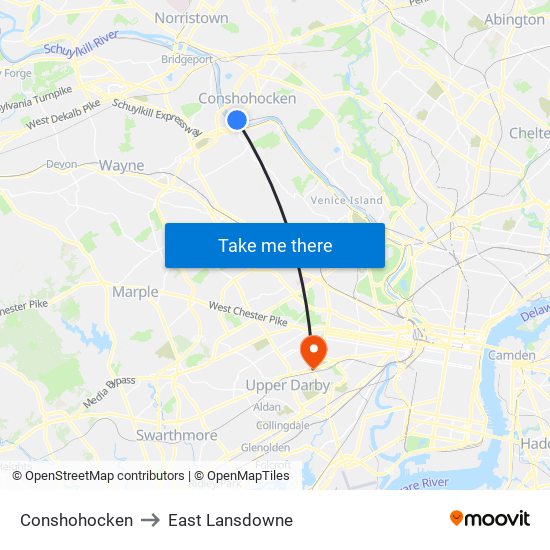 Conshohocken to East Lansdowne map