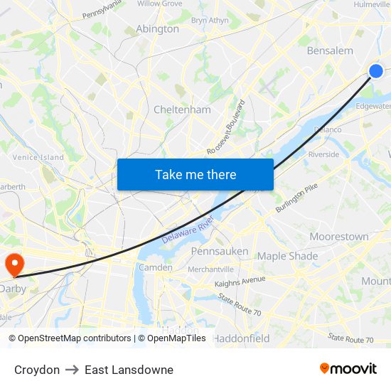 Croydon to East Lansdowne map