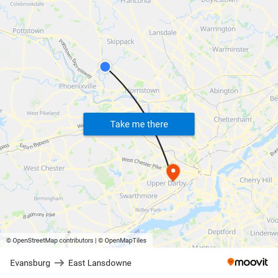 Evansburg to East Lansdowne map