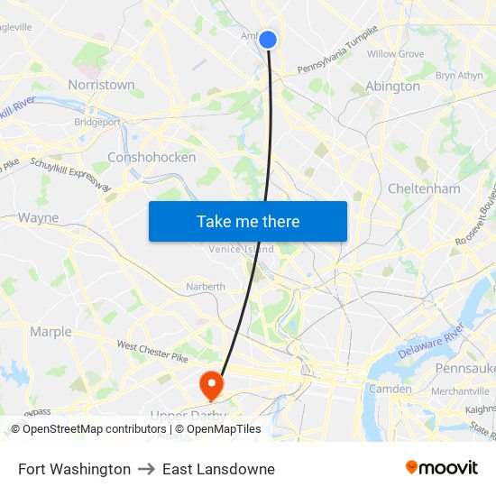 Fort Washington to East Lansdowne map