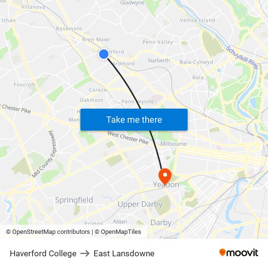 Haverford College to East Lansdowne map