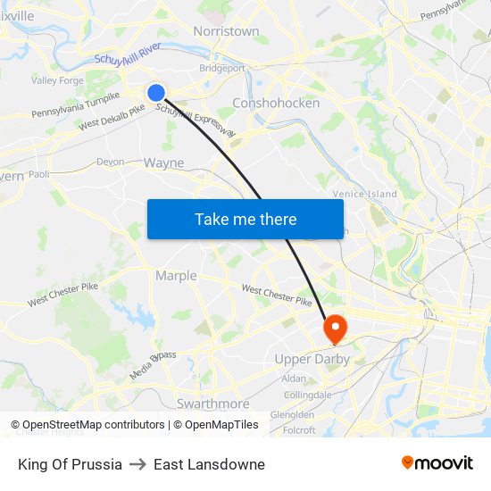King Of Prussia to East Lansdowne map