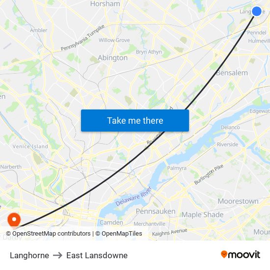 Langhorne to East Lansdowne map