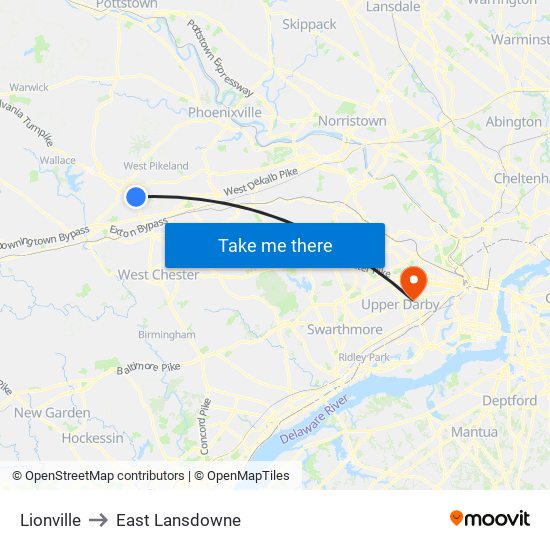 Lionville to East Lansdowne map