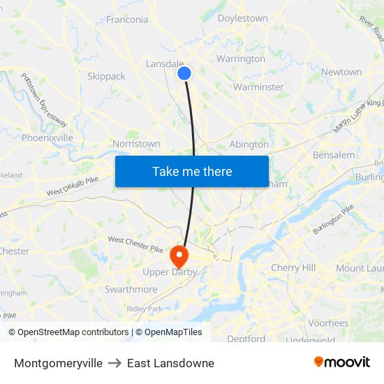 Montgomeryville to East Lansdowne map