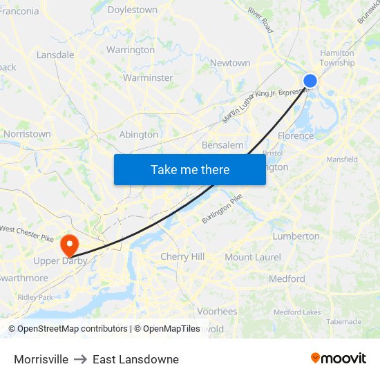 Morrisville to East Lansdowne map