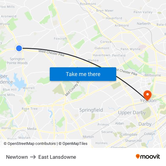 Newtown to East Lansdowne map