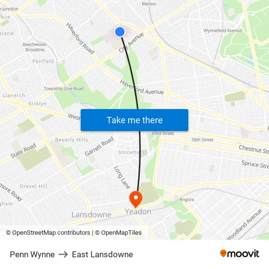 Penn Wynne to East Lansdowne map