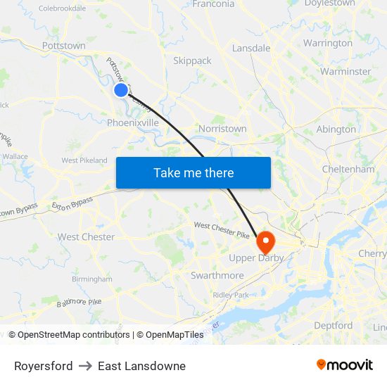 Royersford to East Lansdowne map