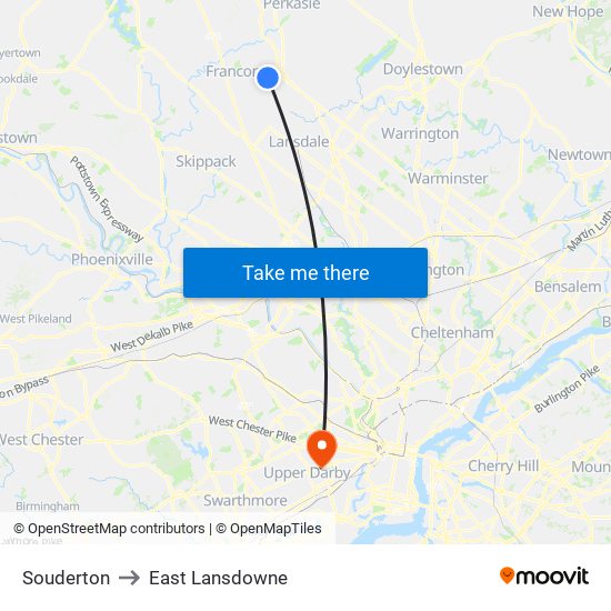Souderton to East Lansdowne map