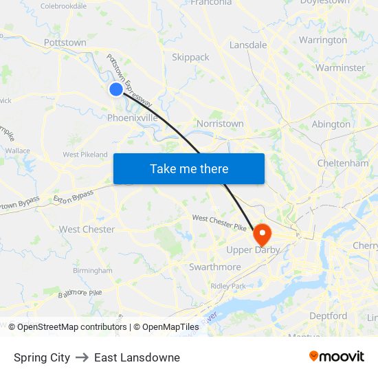 Spring City to East Lansdowne map